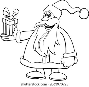 Schwarz-weißer Cartoon-Illustration des glücklichen Charakters des Weihnachtsmanns mit Geschenk auf der Seite mit dem färbenden Buch