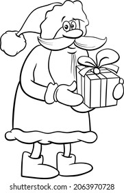 Black and white cartoon illustration of happy Santa Claus character with present on Christmas time coloring book page