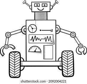 Black and white cartoon illustration of happy robot comic fantasy character coloring book page