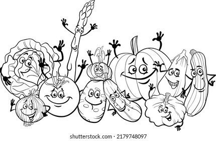 Black and white cartoon illustration of happy vegetables food characters group coloring page