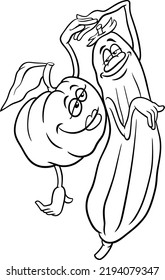 Black and white cartoon illustration of happy pumpkin and cucumber or courgette vegetables characters in love coloring page