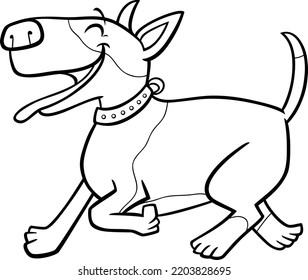Black and white cartoon illustration of happy spotted Bull Terrier purebred dog animal character coloring page
