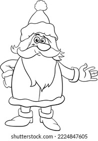 Black and white cartoon illustration of happy Santa Claus character on Christmas time coloring page