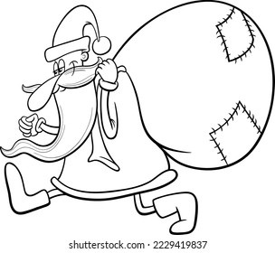 Black and white cartoon illustration of happy Santa Claus character with sack of Christmas presents coloring page