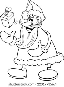 Black and white cartoon illustration of happy Santa Claus character with Christmas gift coloring page