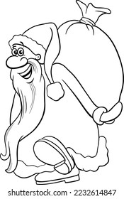 Black and white cartoon illustration of happy Santa Claus character carrying sack of Christmas gifts coloring page