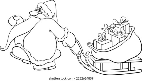 Black and white cartoon illustration of happy Santa Claus character pulling a sleigh with Christmas gifts coloring page