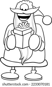 Black and white cartoon illustration of happy Santa Claus character holding Christmas gift coloring page