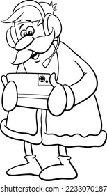 Black and white cartoon illustration of happy Santa Claus character with tablet and headset on Christmas time coloring page