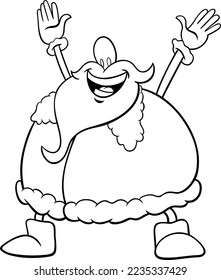 Black and white cartoon illustration of happy Santa Claus character on Christmas time coloring page