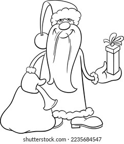 Black and white cartoon illustration of happy Santa Claus character with sack and Christmas gift coloring page