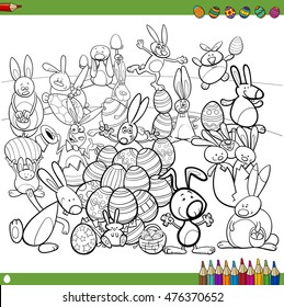 Black and White Cartoon Illustration of Happy Easter Bunny Characters with Eggs Coloring Book