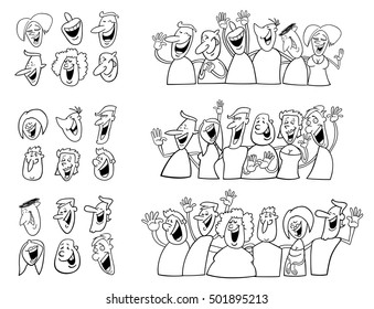 Black and White Cartoon Illustration of Happy People Big Set