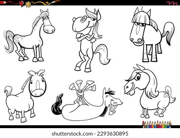 Black and white cartoon illustration of horses farm animal comic characters set coloring page
