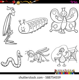Black and White Cartoon Illustration of Insect Characters Set Coloring Page