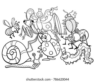 Black and White Cartoon Illustration of Insects and Bugs Animal Comic Characters Group Coloring Book