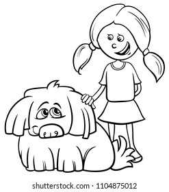 Black and White Cartoon Illustration of Kid Girl with Funny Shaggy Dog Coloring Book