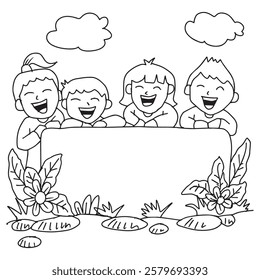 Black and White Cartoon Illustration of Kids Holding a Blank Sign or Banner