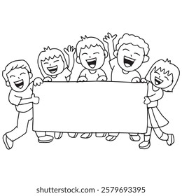 Black and White Cartoon Illustration of Kids Holding a Blank Sign or Banner