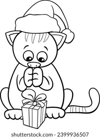 Black and white cartoon illustration of kitten character with gift on Christmas time coloring page