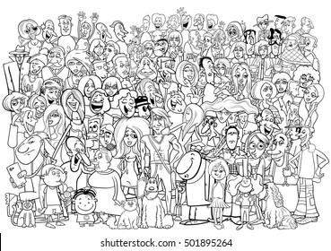 Black and White Cartoon Illustration of Large People Group in the Crowd