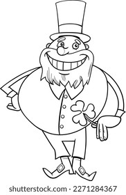 Black and white cartoon illustration of Leprechaun character on Saint Patrick Day coloring page