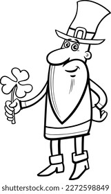 Black and white cartoon illustration of Leprechaun fantasy character with clover on Saint Patrick Day coloring page