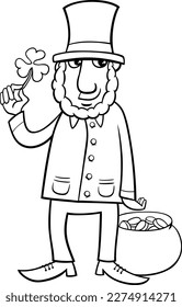 Black and white cartoon illustration of Leprechaun fantasy character with clover on Saint Patrick Day coloring page