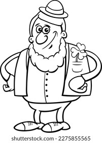 Black and white cartoon illustration of Leprechaun fantasy character with clover on Saint Patrick Day coloring page