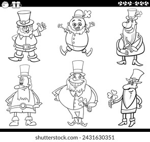 Black and White Cartoon Illustration of Leprechaun Characters and Saint Patrick Day Themes Set Coloring Book