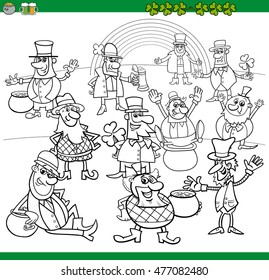 Black and White Cartoon Illustration of Leprechaun and Saint Patrick Day Characters Group with Rainbow and Clovers and Pot of Gold Coloring Book