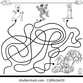 Black and White Cartoon Illustration of Lines Maze Puzzle Game with Halloween Spooky Characters Coloring Book