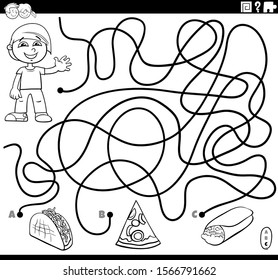 Black and White Cartoon Illustration of Lines Maze Puzzle Activity Game with Boy Character and Food Objects Coloring Book Page