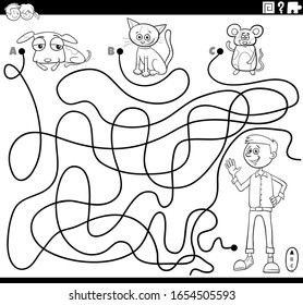 Black and White Cartoon Illustration of Lines Maze Puzzle Game with Boy and Cute Pets Characters Coloring Book Page