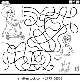 Black and White Cartoon Illustration of Lines Maze Puzzle Game with Girl on Scooter and Boy with Skateboard Coloring Book Page