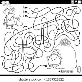 Black and white cartoon illustration of lines maze puzzle game with Santa Claus characters on Christmas time coloring book page