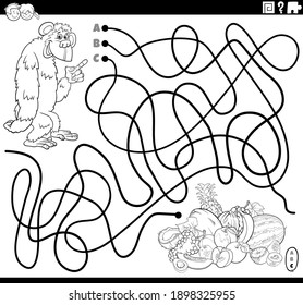 Black and white cartoon illustration of lines maze puzzle game with gorilla character and fruits coloring book page