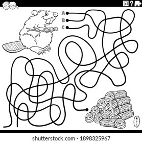 Black and white cartoon illustration of lines maze puzzle game with beaver character and wood logs coloring book page