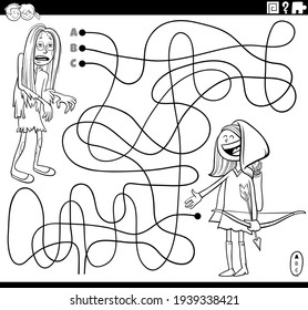 Black and white cartoon illustration of lines maze puzzle game with girls in costumes at the party coloring book page