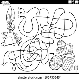 Black and white cartoon illustration of lines maze puzzle game with Easter Bunny character and colored eggs coloring book page