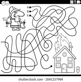 Black and white cartoon illustration of lines maze puzzle game with firefighter character and burning house coloring book page