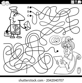 Black and white cartoon illustration of lines maze puzzle game with postman character and senior woman coloring book page