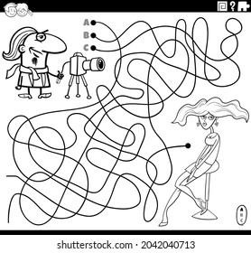 Black and white cartoon illustration of lines maze puzzle game with photographer character and model girl coloring book page