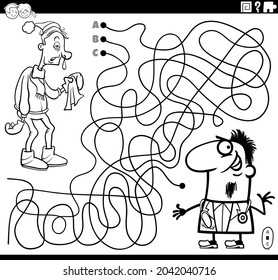 Black and white cartoon illustration of lines maze puzzle game with doctor character and sick guy coloring book page