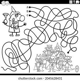 Black and white cartoon illustration of lines maze puzzle game with clown character and costume party for kids coloring book page