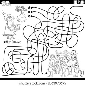 Black and white cartoon illustration of lines maze puzzle game with Santa Claus character and children group on Christmas time coloring book page