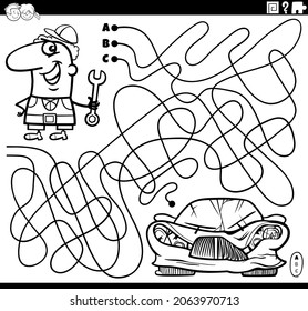 Black and white cartoon illustration of lines maze puzzle game with car mechanic character and broken car coloring book page