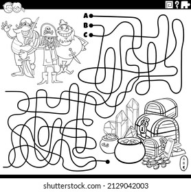 Black and white cartoon illustration of lines maze puzzle game with comic pirates characters and treasure coloring book page