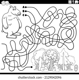 Black and white cartoon illustration of lines maze puzzle game with comic bear character and forest coloring book page