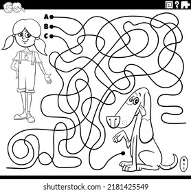 Black and white cartoon illustration of lines maze puzzle game with comic girl character and her dog coloring page